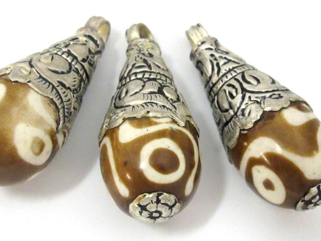 1 Pendant - Large size tibetan silver capped batik recycled cattle bone drop pendant with floral design on bail - PM455
