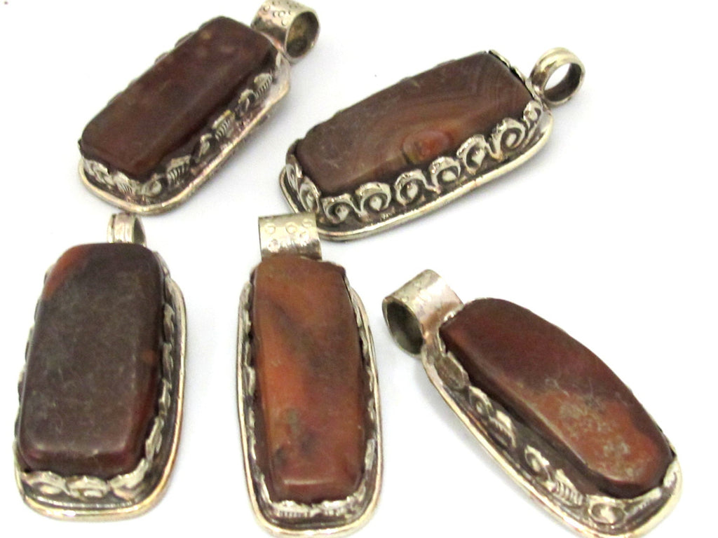 1 Pendant - Tibetan pendants - Nepal pendants - Himalayan natural carnelian gemstone tibetan silver pendant with flower carving - PM456G