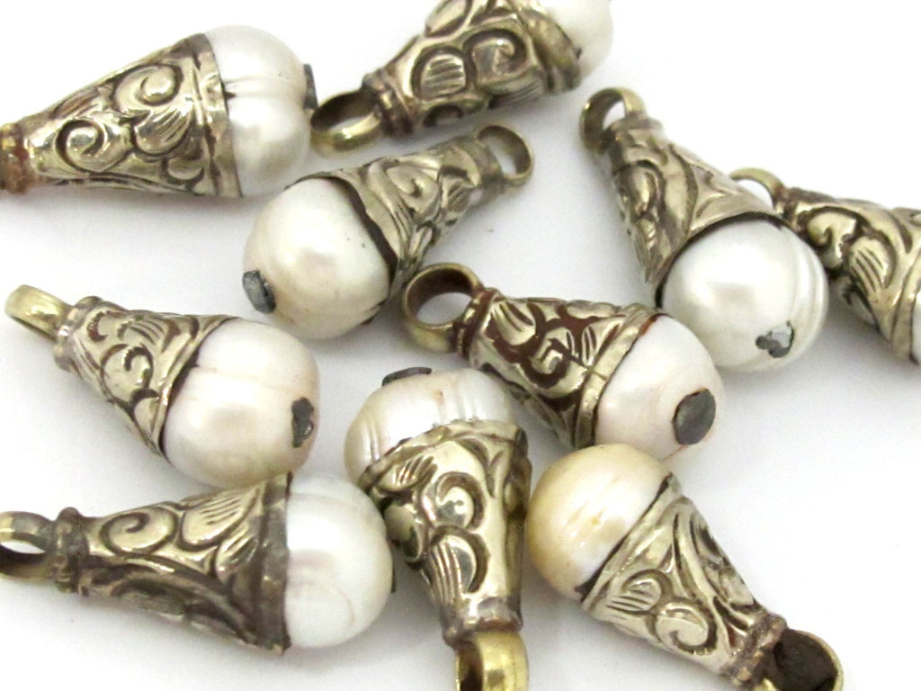 1 pendant - Small petite size Tibetan natural cultured pearl capped charm pendant from Nepal -PM457