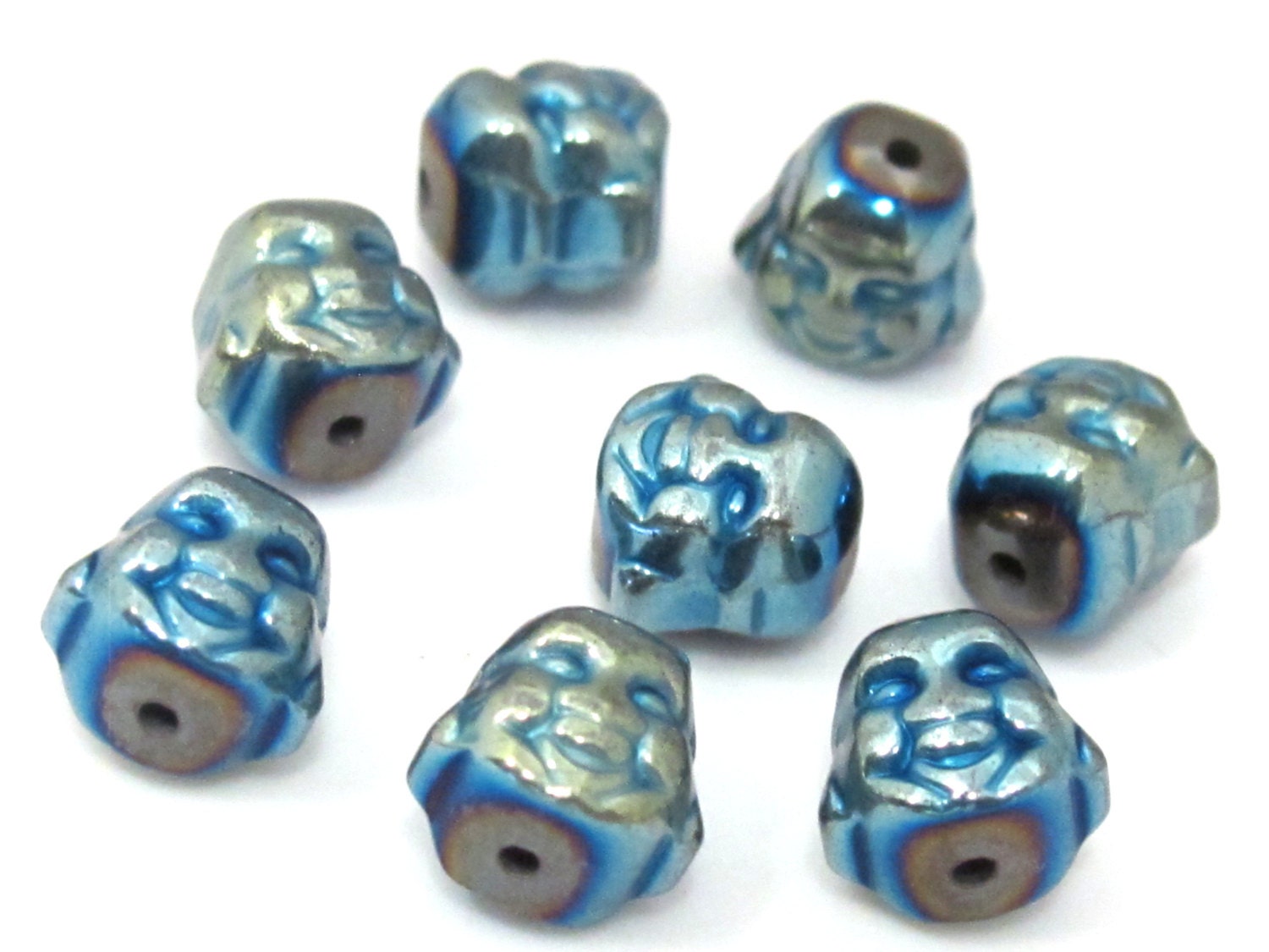 4 Beads - Laughing Buddha blue green titanium color plated hematite gemstone beads 8 mm - BD877