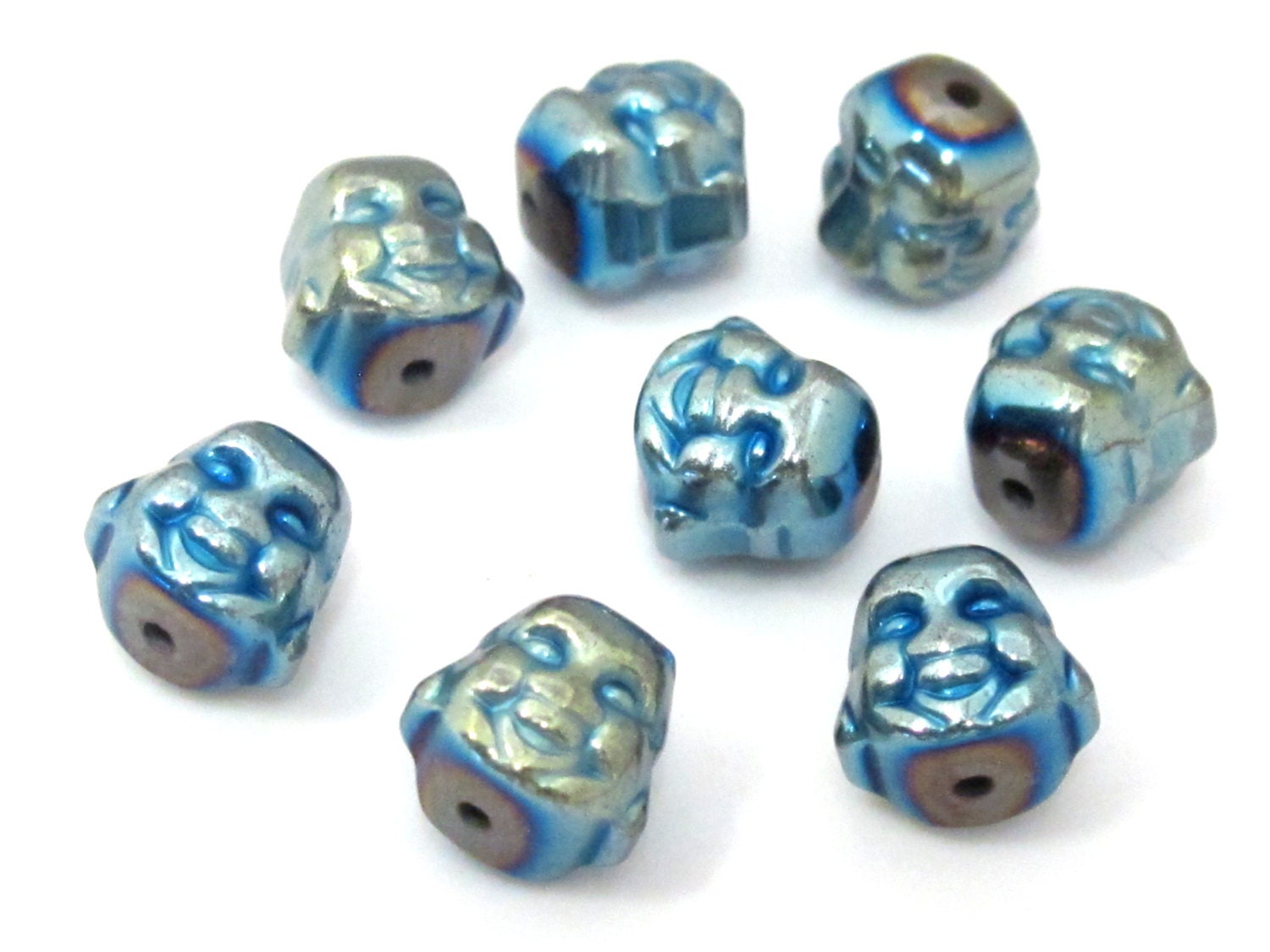 4 Beads - Laughing Buddha blue green titanium color plated hematite gemstone beads 8 mm - BD877