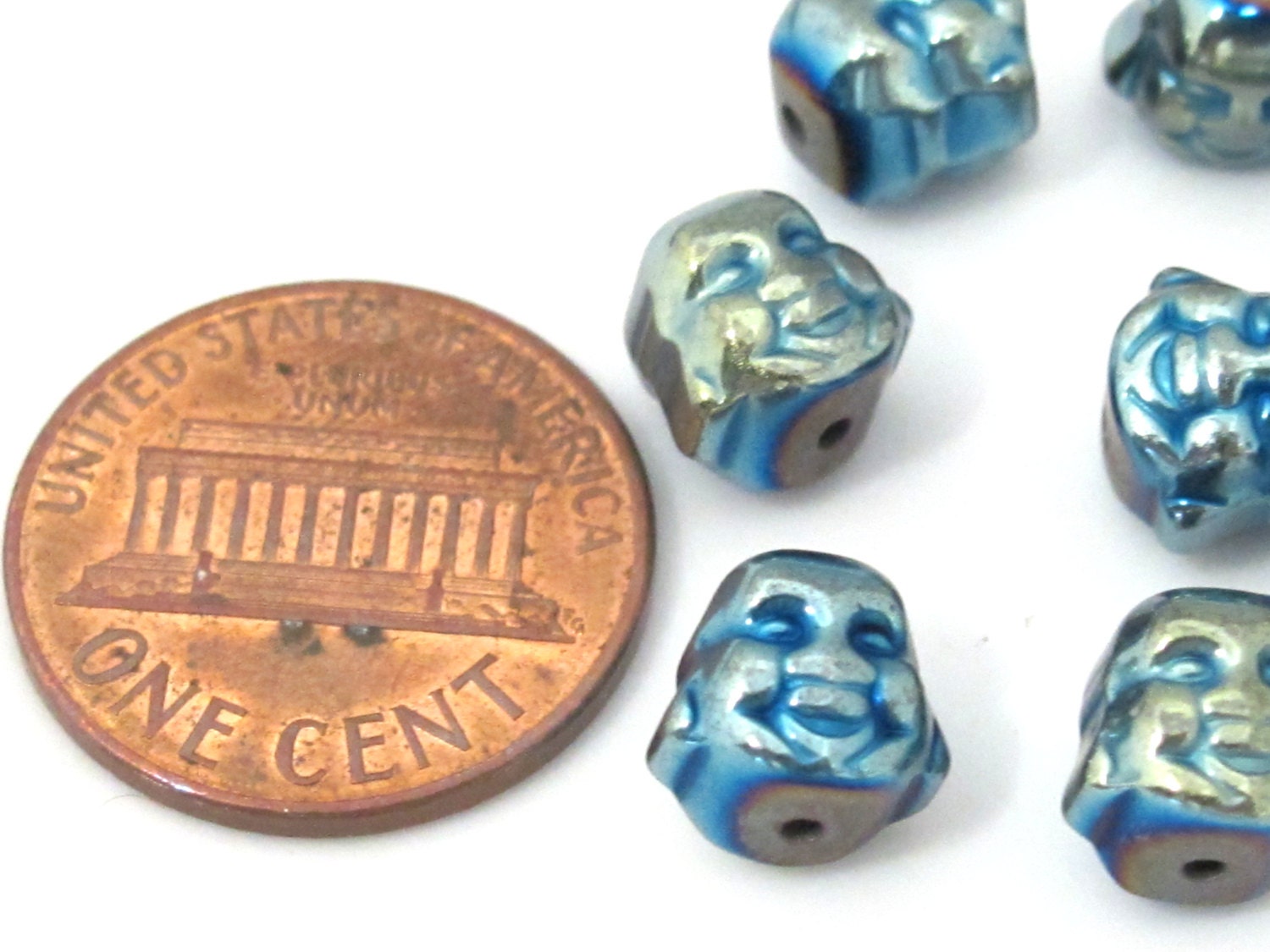 4 Beads - Laughing Buddha blue green titanium color plated hematite gemstone beads 8 mm - BD877