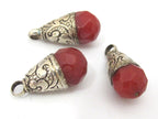 1 pendant - Small petite size sterling silver plated faceted carnelian agate drop pendant from Nepal - PM451