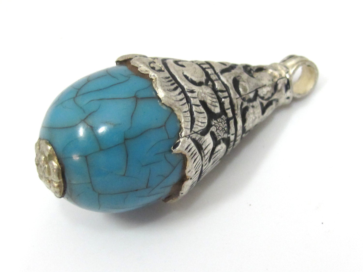 1 Pendant - Large size tibetan silver capped blue crackle resin drop pendant with floral design on bail - PM452