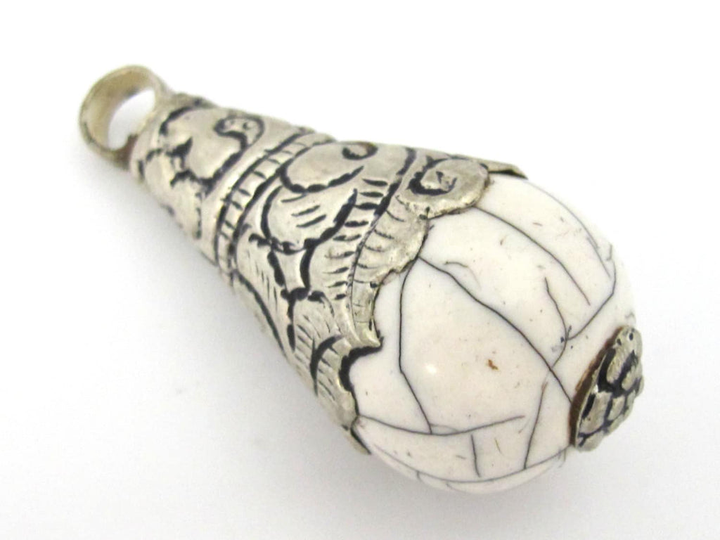 1 Pendant - Large size tibetan silver capped white crackle resin drop pendant with floral design on bail - PM453