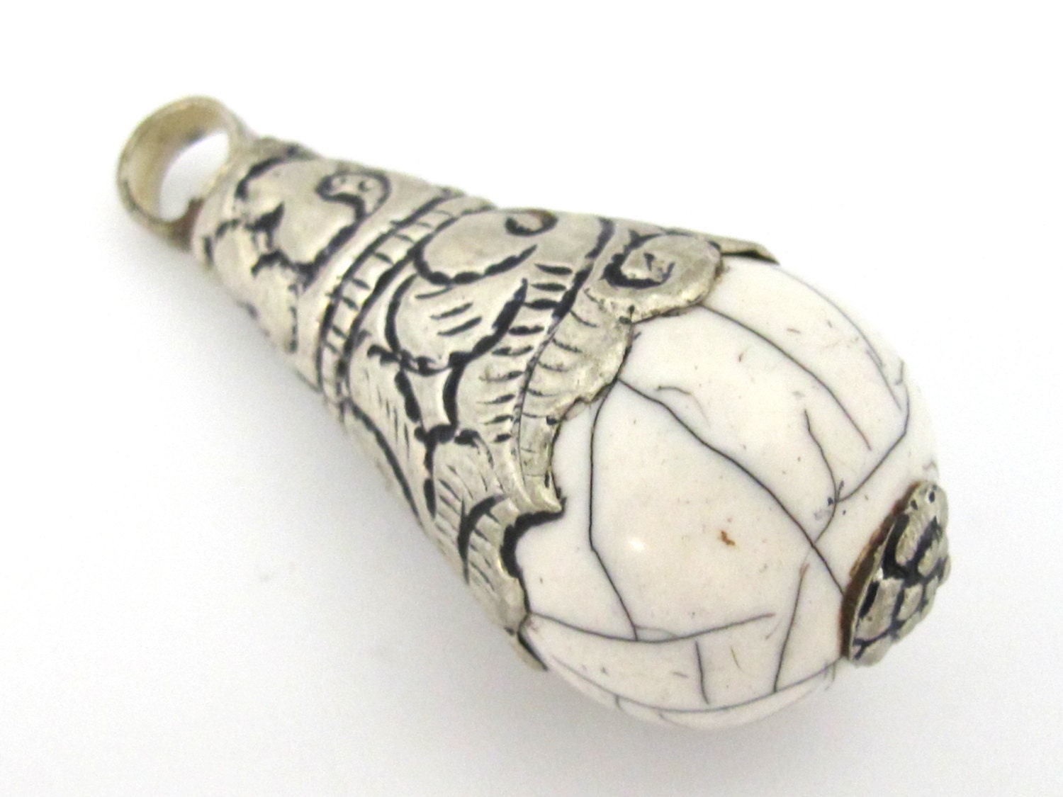 1 Pendant - Large size tibetan silver capped white crackle resin drop pendant with floral design on bail - PM453