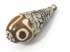 1 Pendant - Large size tibetan silver capped batik recycled cattle bone drop pendant with floral design on bail - PM455