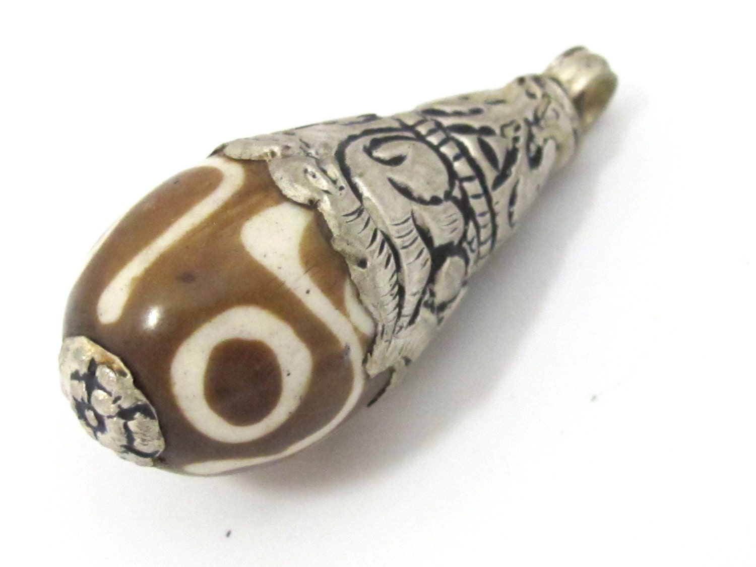 1 Pendant - Large size tibetan silver capped batik recycled cattle bone drop pendant with floral design on bail - PM455