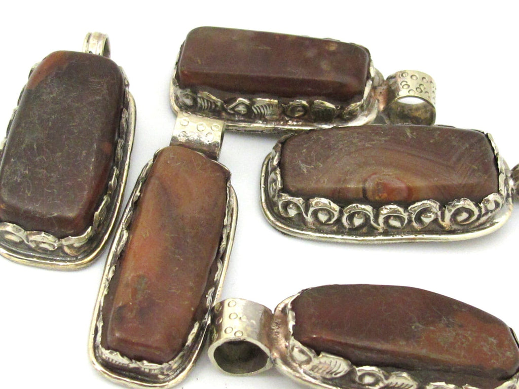 1 Pendant - Tibetan pendants - Nepal pendants - Himalayan natural carnelian gemstone tibetan silver pendant with flower carving - PM456G