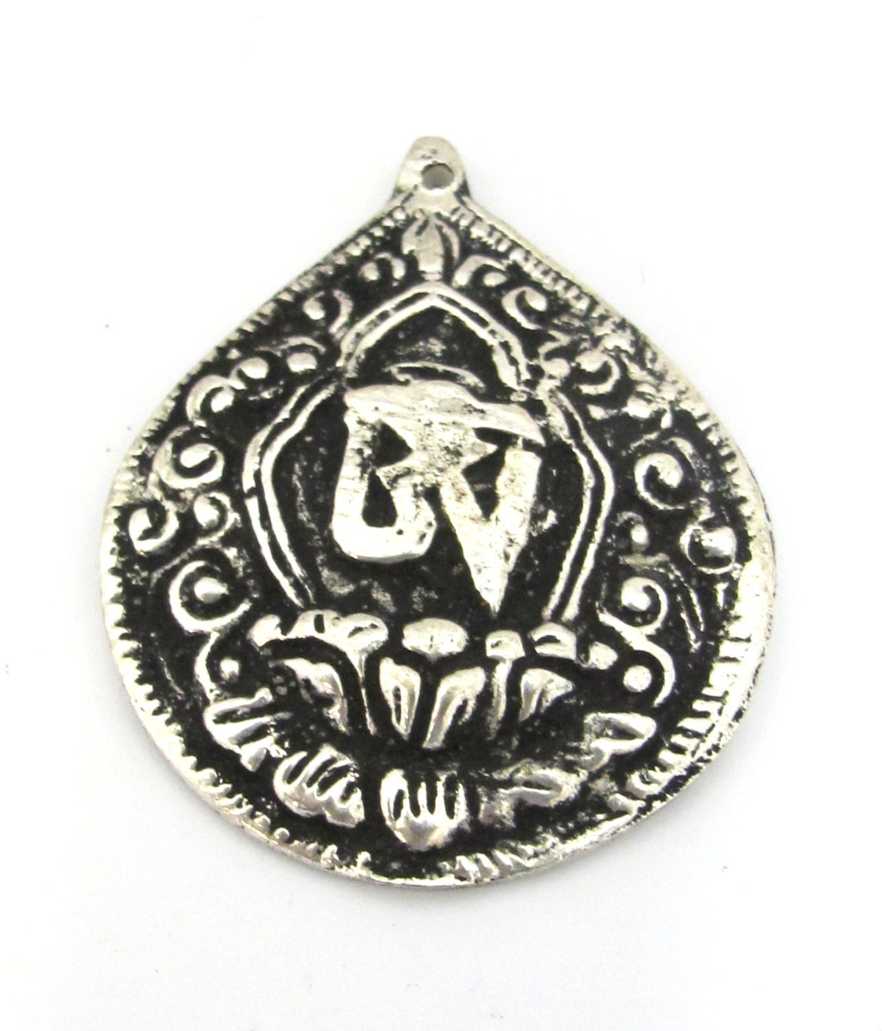 1 Pendant - Tibetan silver Om mantra lotus flower pendant from Nepal - CP110