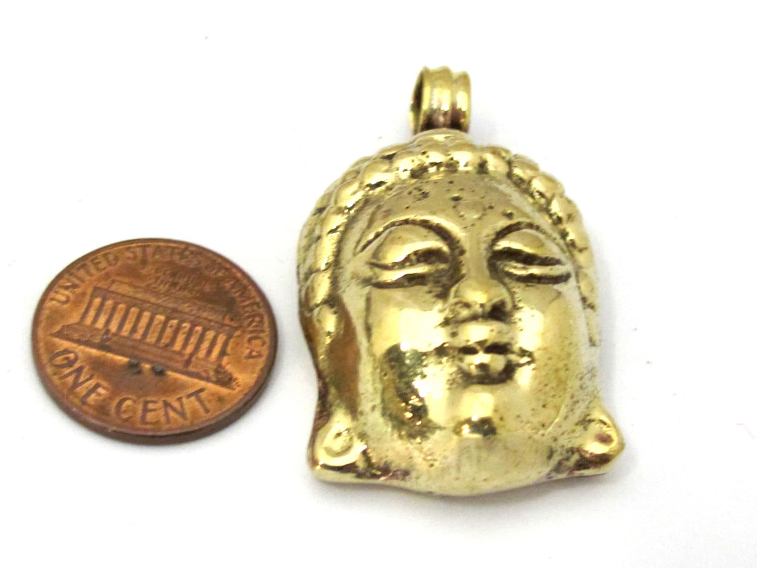 Tibetan Solid Brass Buddha Pendant – Floral Carving on Reverse | Nepal Brass Focal Pendant – PM464