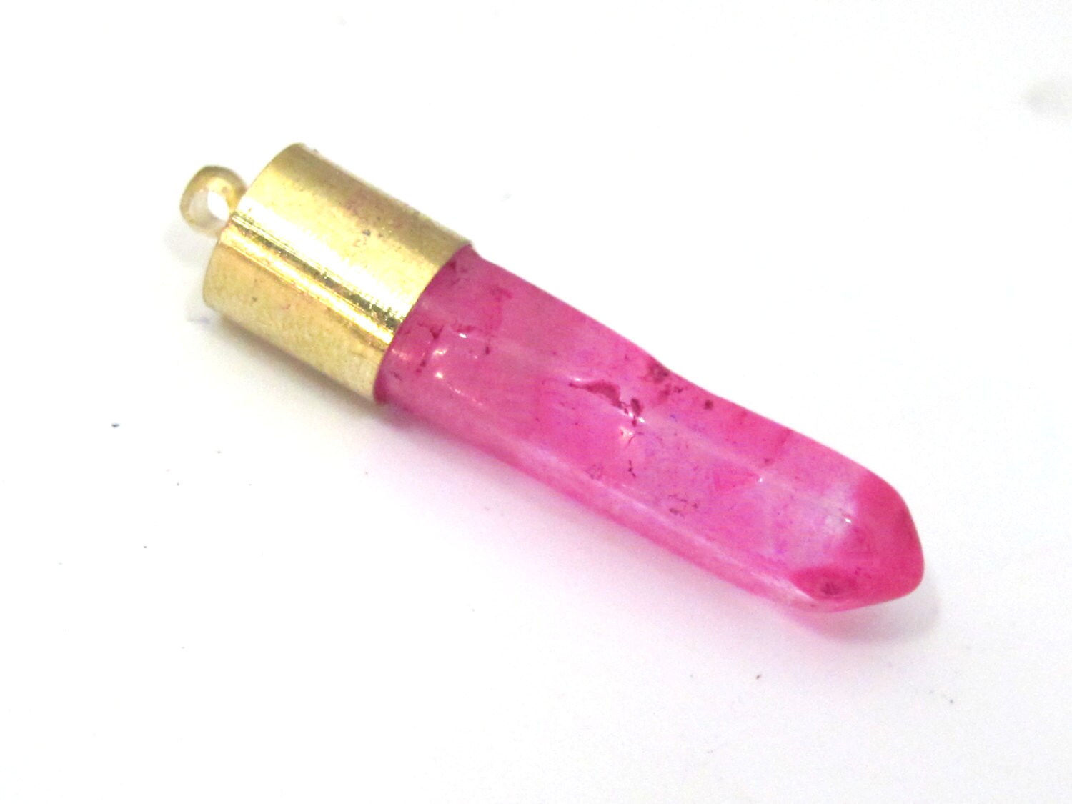 1 Pendant - Brass capped pink quartz crystal bullet stick shape pendant - PM465A