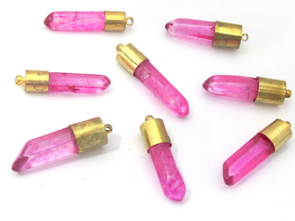 1 Pendant - Brass capped pink quartz crystal bullet stick shape pendant - PM465A