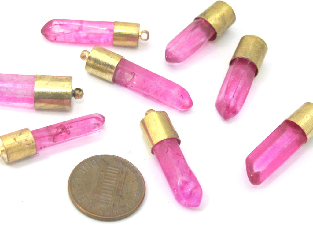1 Pendant - Brass capped pink quartz crystal bullet stick shape pendant - PM465A