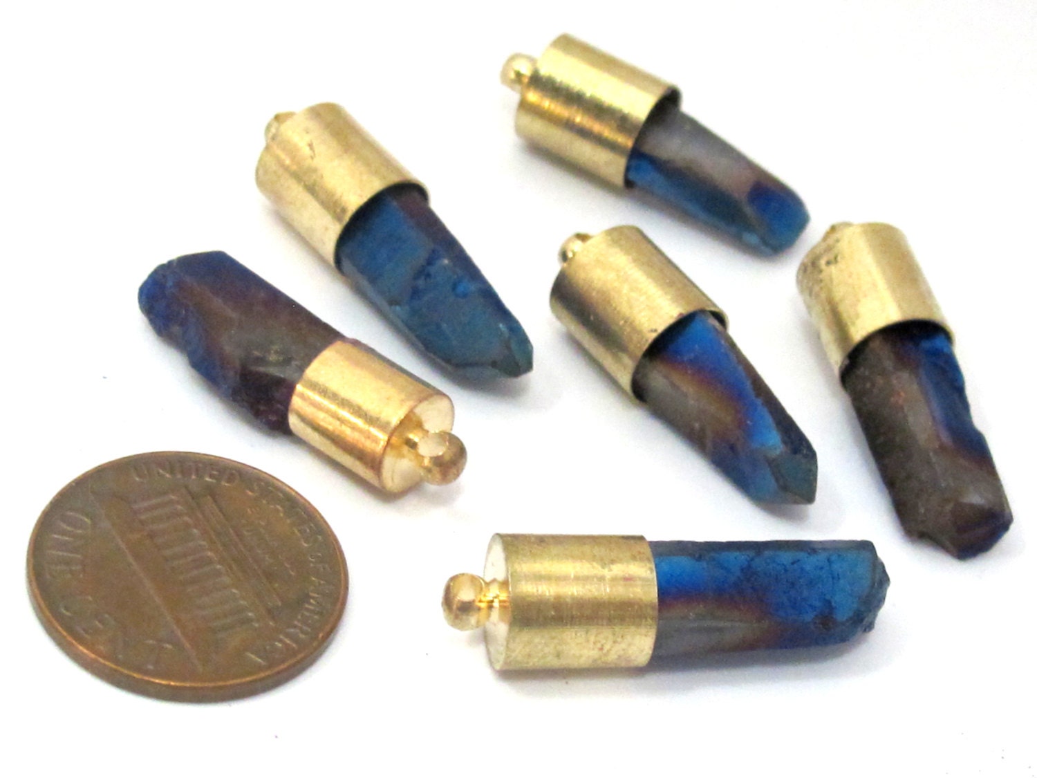 1 Pendant - Titanium electric blue quartz gemstone Brass capped bullet shape pendant - PM465B