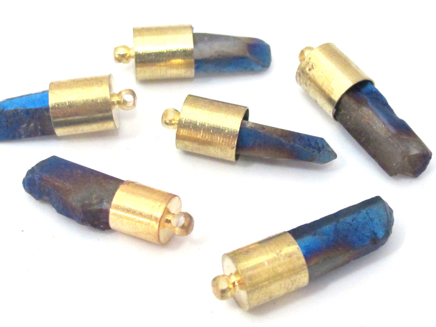1 Pendant - Titanium electric blue quartz gemstone Brass capped bullet shape pendant - PM465B