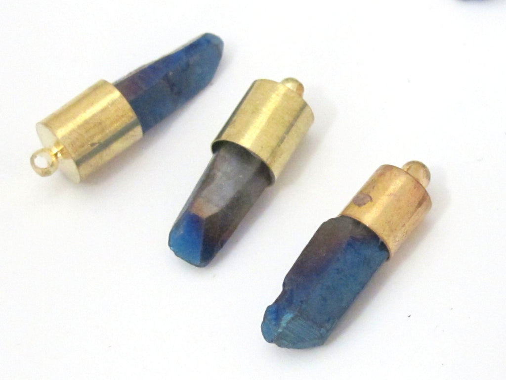 1 Pendant - Titanium electric blue quartz gemstone Brass capped bullet shape pendant - PM465B