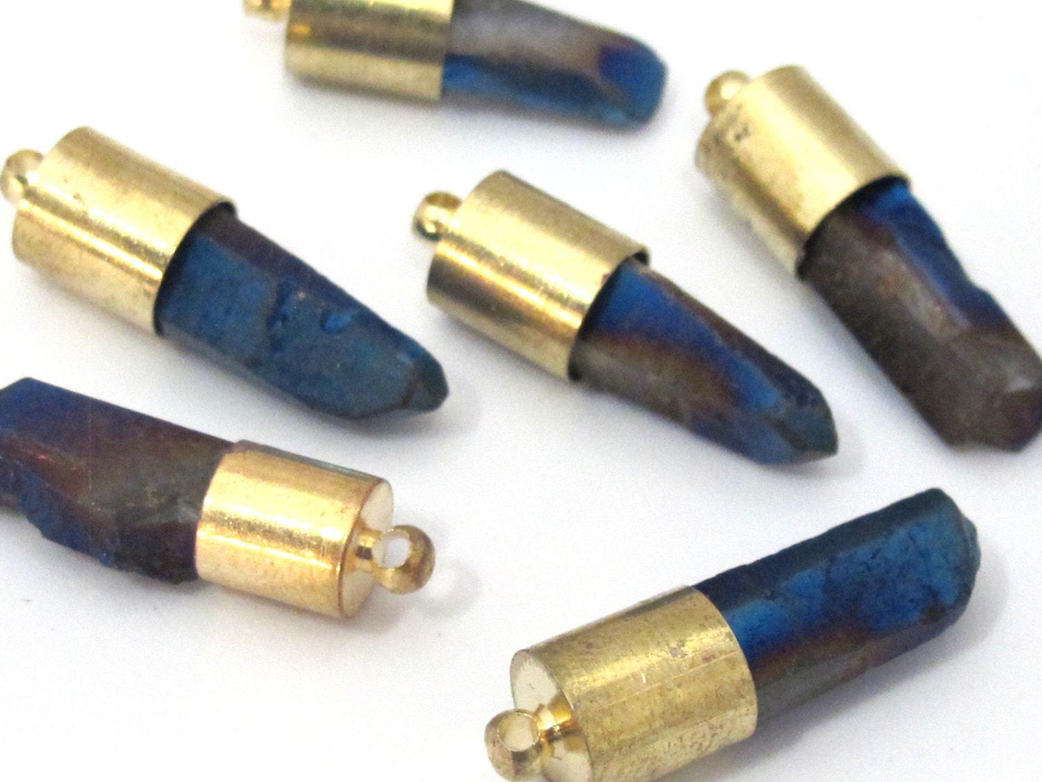1 Pendant - Titanium electric blue quartz gemstone Brass capped bullet shape pendant - PM465B