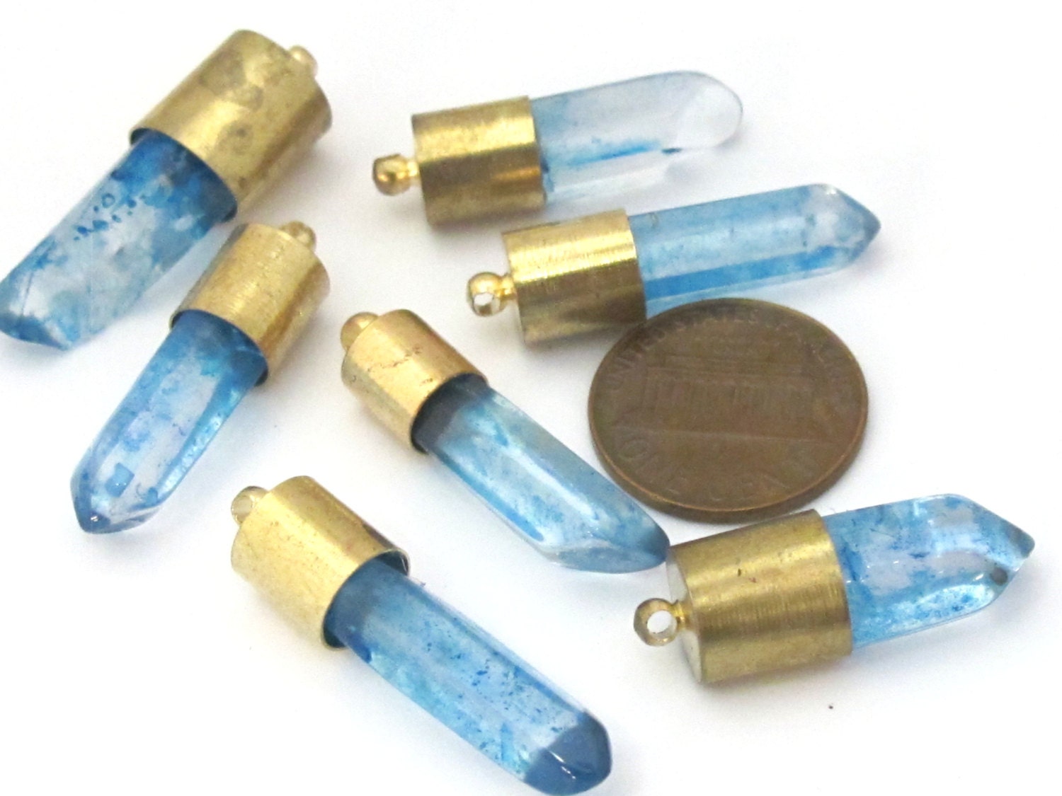 1 Pendant - Aqua blue quartz gemstone Brass capped bullet shape pendant - PM465D