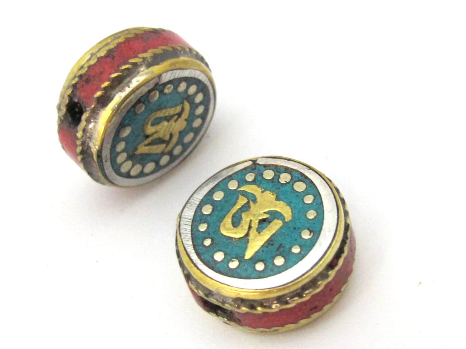 1 BEAD - Tibetan Om inscribed reversible brass bead with turquoise coral inlay - BD892