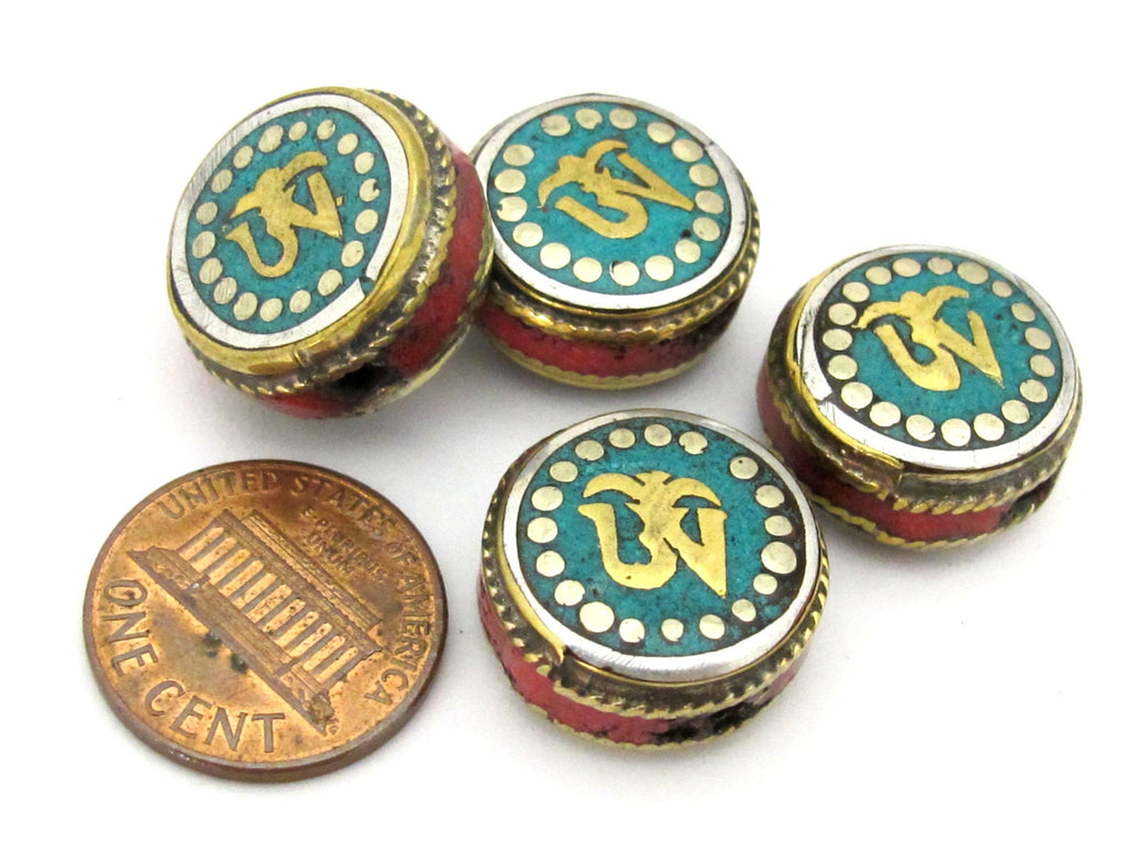 1 BEAD - Tibetan Om inscribed reversible brass bead with turquoise coral inlay - BD892