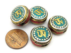 1 BEAD - Tibetan Om inscribed reversible brass bead with turquoise coral inlay - BD892
