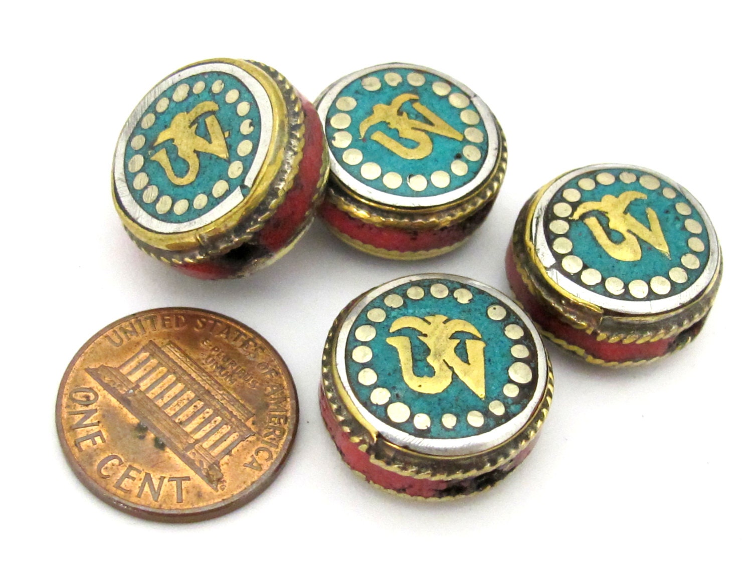 1 BEAD - Tibetan Om inscribed reversible brass bead with turquoise coral inlay - BD892