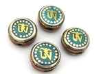 1 BEAD - Tibetan Om inscribed reversible brass bead with turquoise coral inlay - BD892