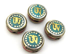 1 BEAD - Tibetan Om inscribed reversible brass bead with turquoise coral inlay - BD892