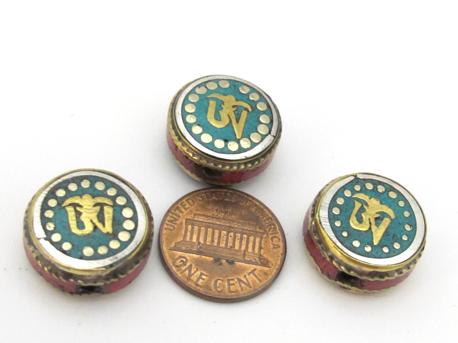 1 BEAD - Tibetan Om inscribed reversible brass bead with turquoise coral inlay - BD892