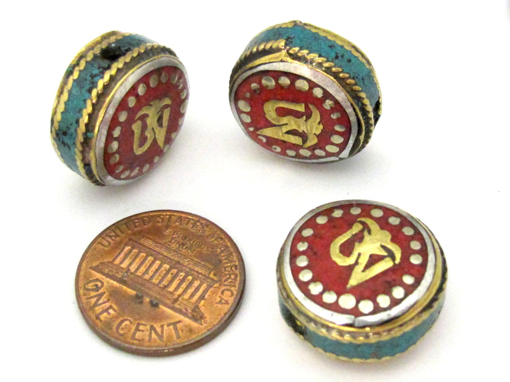 1 BEAD - Tibetan Om inscribed reversible brass bead with and turquoise inlay - BD891