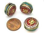 1 BEAD - Tibetan Om inscribed reversible brass bead with and turquoise inlay - BD891