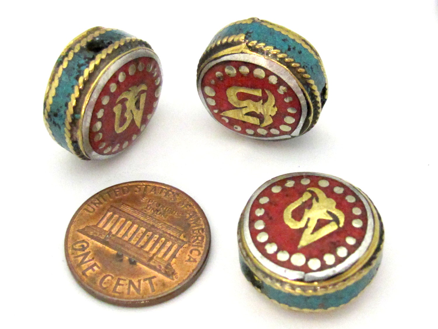 1 BEAD - Tibetan Om inscribed reversible brass bead with and turquoise inlay - BD891