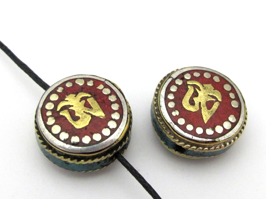 1 BEAD - Tibetan Om inscribed reversible brass bead with and turquoise inlay - BD891