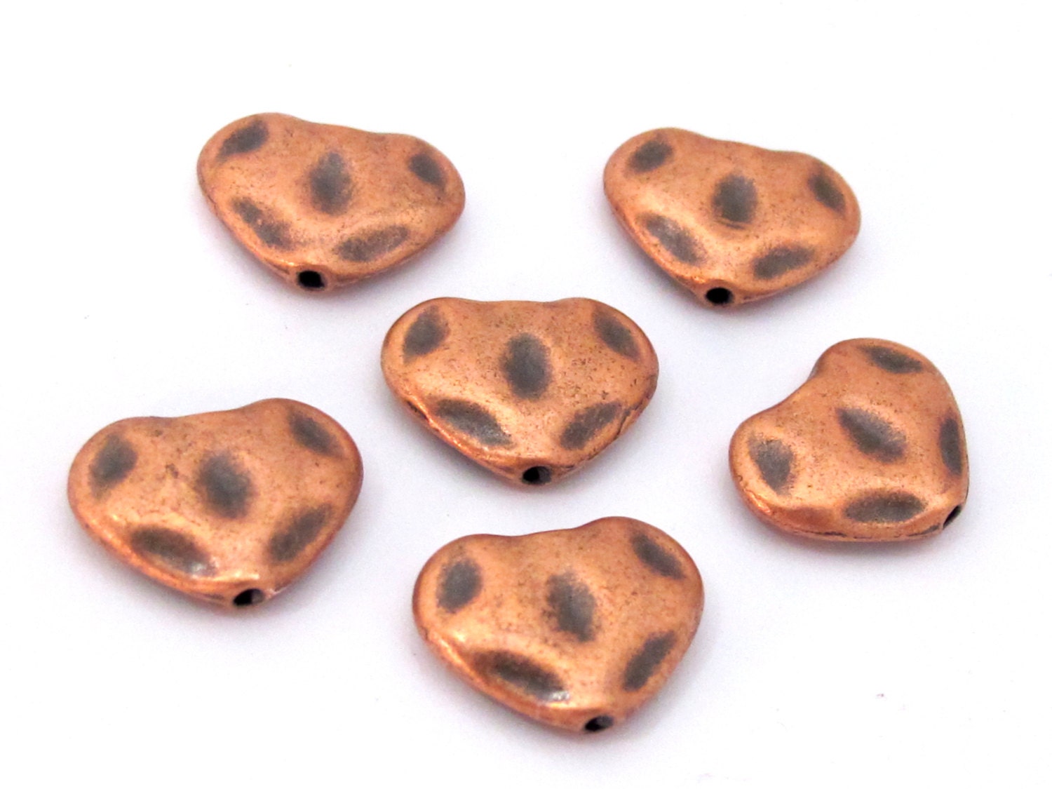 6 Beads - Heart shape copper finish hammered style beads 16 mm x 13 mm - BD889
