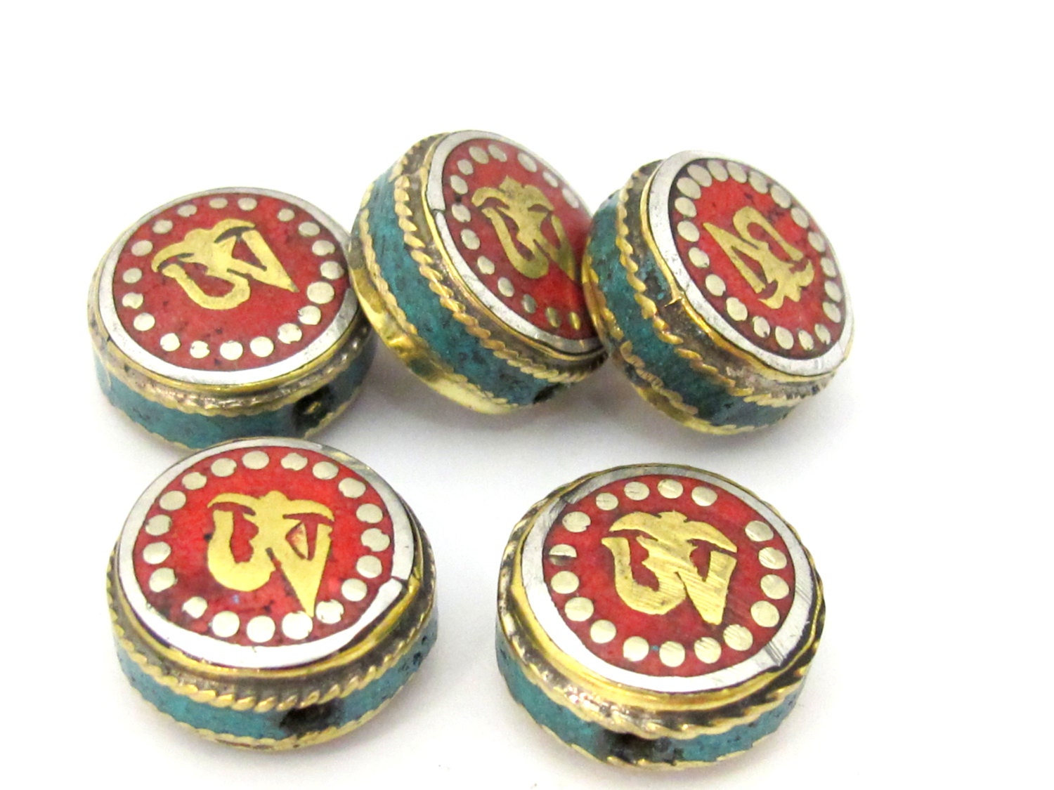 1 BEAD - Tibetan Om inscribed reversible brass bead with and turquoise inlay - BD891