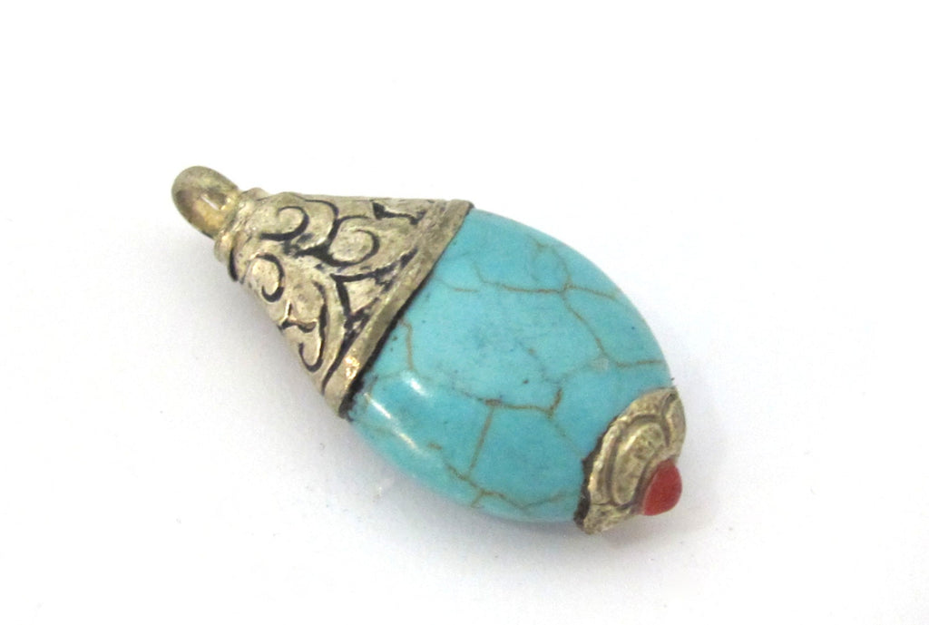 1 Pendant - Tibetan silver teardrop shape turquoise pendant from Nepal with floral carved bail - PM467