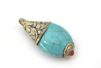 1 Pendant - Tibetan silver teardrop shape turquoise pendant from Nepal with floral carved bail - PM467