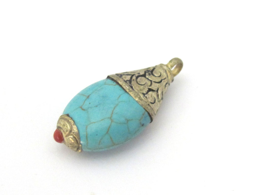 1 Pendant - Tibetan silver teardrop shape turquoise pendant from Nepal with floral carved bail - PM467