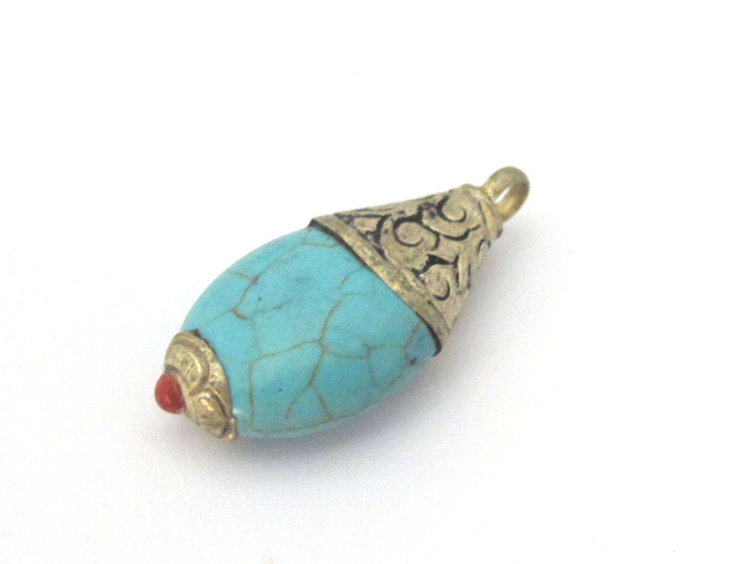 1 Pendant - Tibetan silver teardrop shape turquoise pendant from Nepal with floral carved bail - PM467