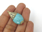 1 Pendant - Tibetan silver teardrop shape turquoise pendant from Nepal with floral carved bail - PM467