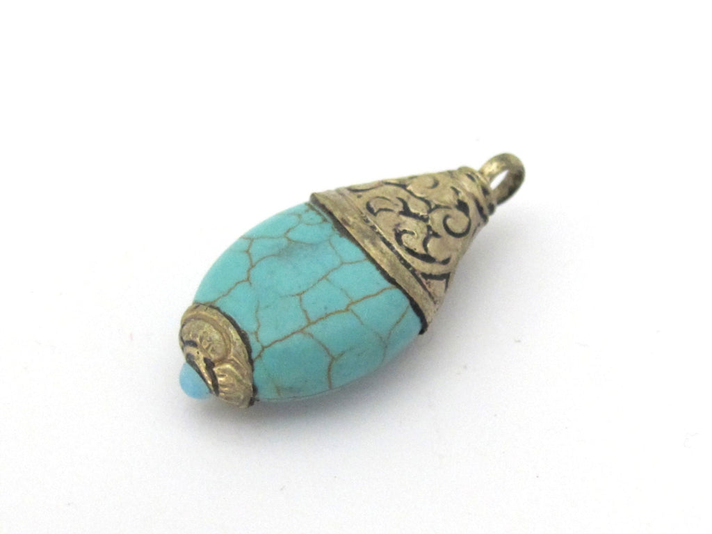 1 Pendant - Tibetan silver teardrop shape turquoise pendant from Nepal with floral carved bail - PM468