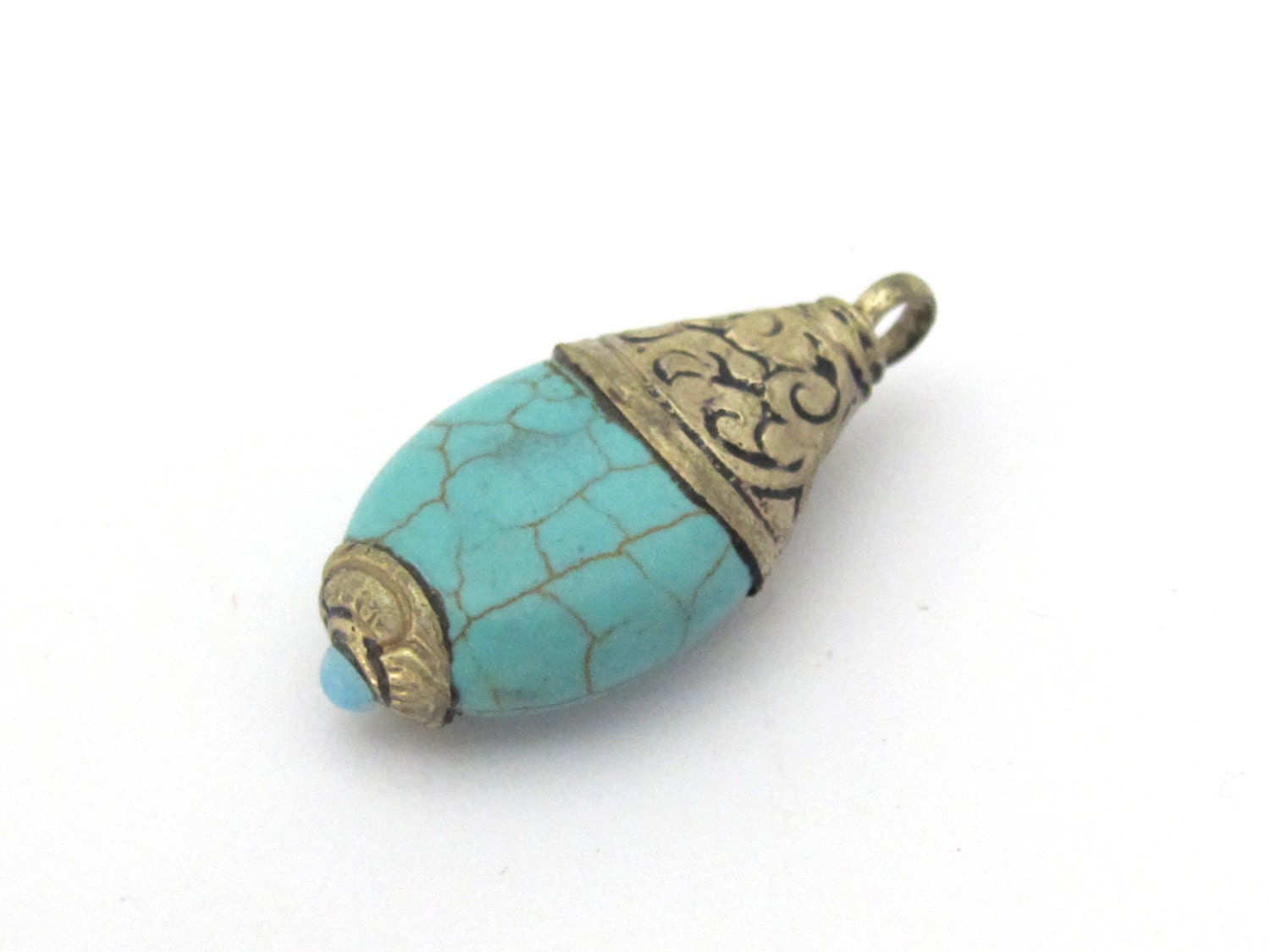 1 Pendant - Tibetan silver teardrop shape turquoise pendant from Nepal with floral carved bail - PM468