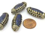 1 Bead- Tibetan silver encased long lapis lazuli gemstone bead from Nepal - BD895