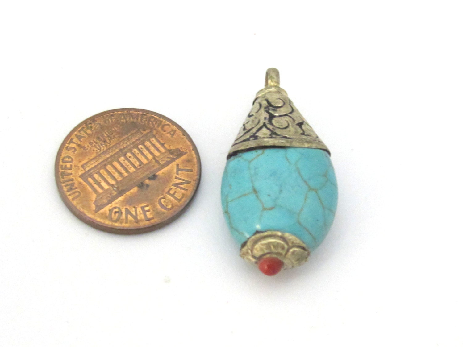 1 Pendant - Tibetan silver teardrop shape turquoise pendant from Nepal with floral carved bail - PM467
