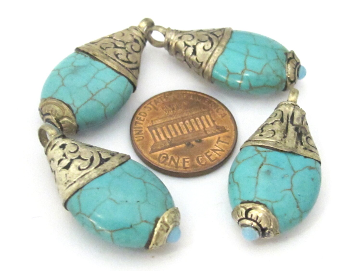 1 Pendant - Tibetan silver teardrop shape turquoise pendant from Nepal with floral carved bail - PM468