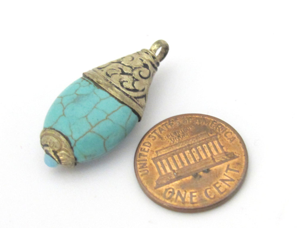 1 Pendant - Tibetan silver teardrop shape turquoise pendant from Nepal with floral carved bail - PM468