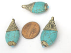 1 Pendant - Tibetan silver teardrop shape turquoise pendant from Nepal with floral carved bail - PM468
