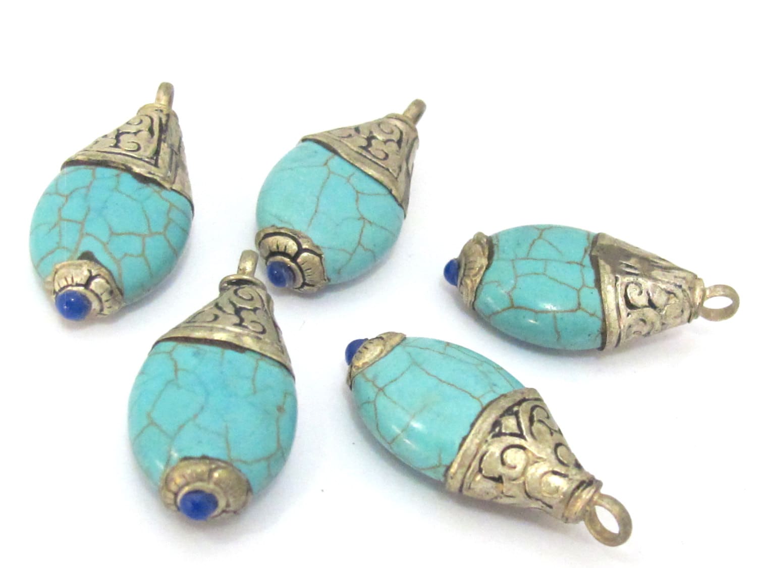 1 Pendant - Tibetan silver teardrop shape turquoise pendant from Nepal with floral carved bail - PM469