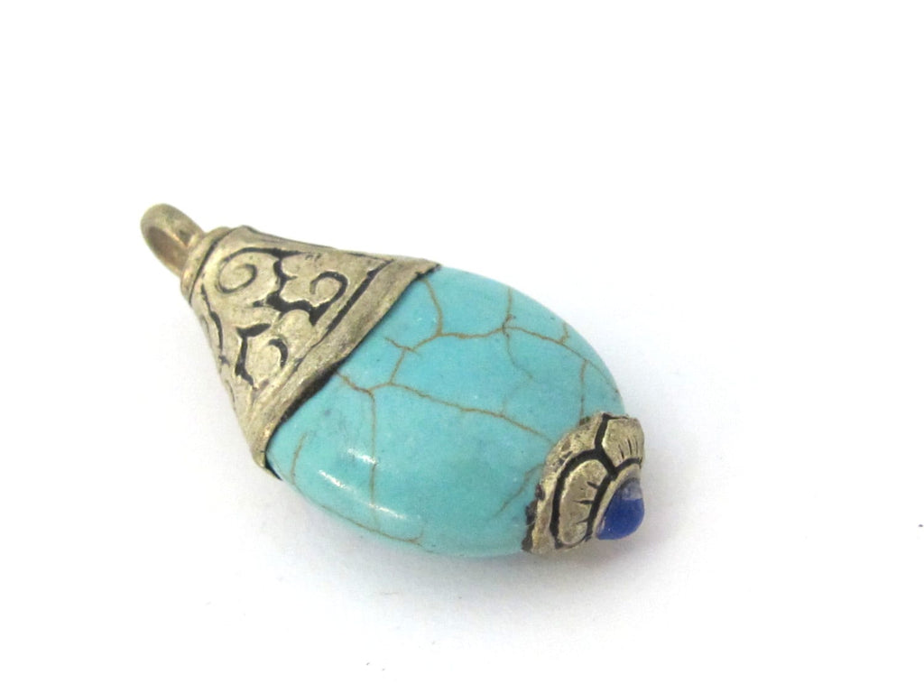 1 Pendant - Tibetan silver teardrop shape turquoise pendant from Nepal with floral carved bail - PM469